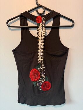 Hell Bunny Black Racerback Tank with Red Rose & Spine Embroidery